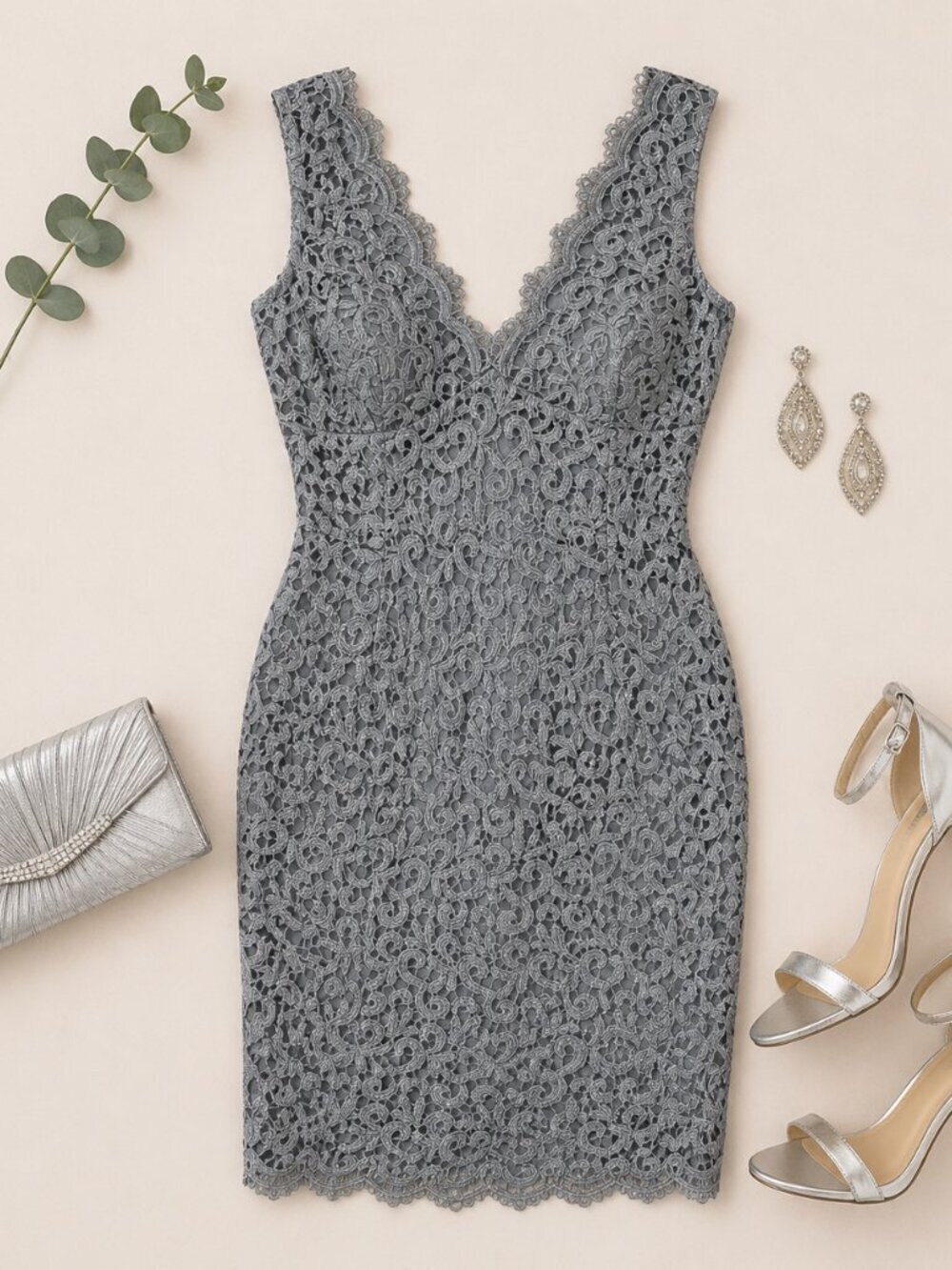 Adrianna Papell Gray Lace Dress V Neck Sheath Cocktail Size 6